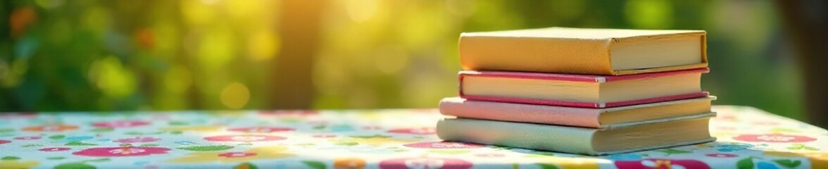 Springtime Reading Nook Colorful Books Stacked on a Floral Tablecloth, Ready for Relaxation in the Sun, Perfect for Book Clubs, Easter, or Spring Promotions