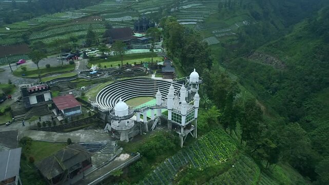Beautiful Kahyangan tourist place in Central Java, Indonesia. Aerial drone footage orbit movement