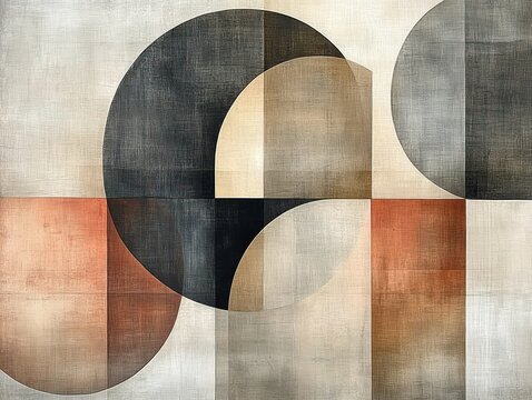 Abstract geometric composition with overlapping semi-circles and rectangles in muted earth tones creating a textured, balanced and harmonious visual effect