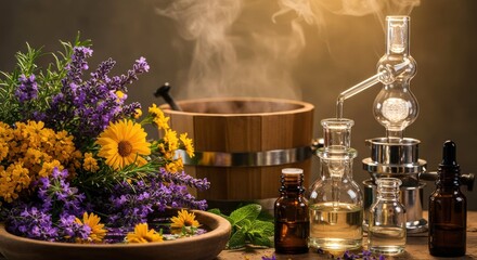 Aromatherapy still life lavender, yellow flowers, essential oils, and distillation apparatus
