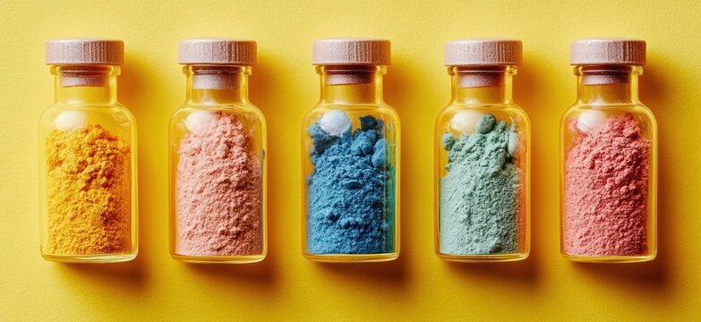 Row of five small glass bottles with cork stoppers containing colorful powdered pigments on a yellow background - Powered by Adobe