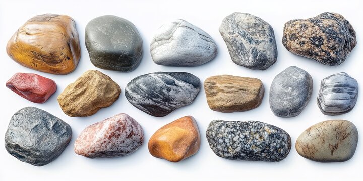 Collection of various smooth river stones and pebbles with diverse colors and textures arranged in three rows on a white background - Powered by Adobe