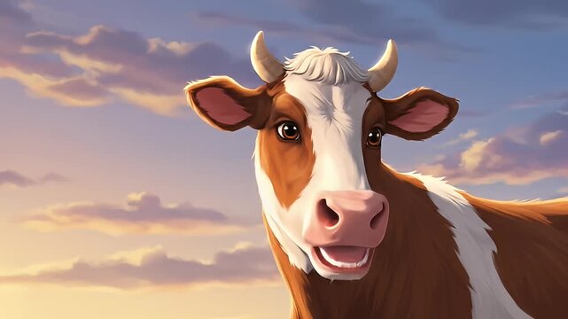 Cartoon style painting of a brown and white cow against a cloudscape background