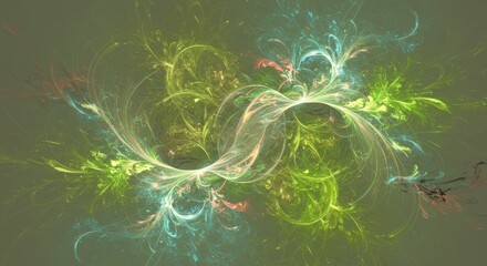 Ethereal green and teal fractal art with swirling light and delicate tendrils
