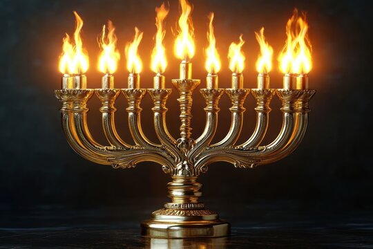 Golden menorah with nine glowing flames symbolizing light and celebration against a dark background