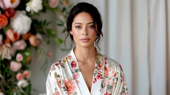 A bride sits in a beautiful robe, looking into a hand-held mirror