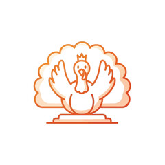 Illustration of a regal turkey with a crown, wings spread, and a decorative tail.