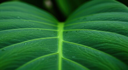 Close-up of a vibrant green taro leaf with prominent veins and water droplets
