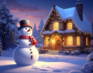 Naklejka premium Cheerful Snowman in Plaid Scarf and Hat with Cozy Cabin Background