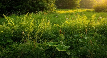 Golden hour illuminates ferns and wildflowers in a lush meadow landscape