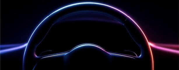 Steering Wheel Illuminated in Neon: A dynamic image featuring a sleek steering wheel, dramatically illuminated with vibrant neon lights against a dark backdrop.