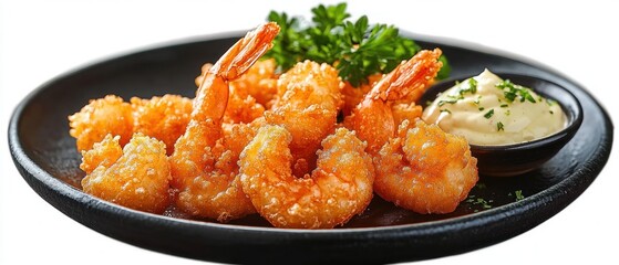 Golden crispy fried shrimp served on a black plate accompanied by creamy dipping sauce and fresh green parsley garnish, evoking a tempting and savory feeling