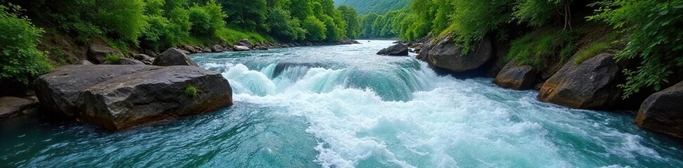 Untamed Power A Rushing River Cascades Through Lush Green Landscape, Creating Thrilling Whitewater Rapids