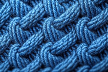 Close-up view of blue wool yarn intricately knitted in a chunky textured pattern