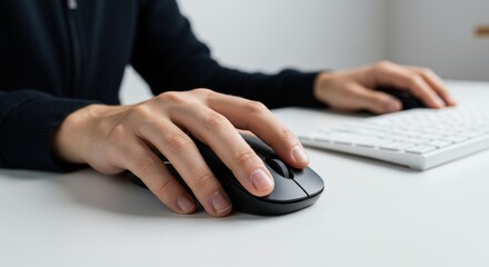 Hands using a computer mouse on a white desk with a keyboard.