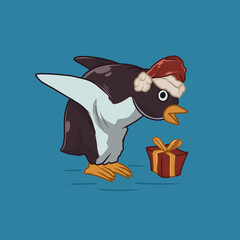 Cute Penguin with Santa Hat and Gift Box Vector Illustration | Christmas Holiday Animal Cartoon Design