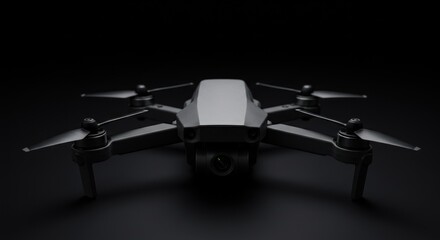 Naklejka premium Gray drone on a dark surface facing forward with propellers visible.