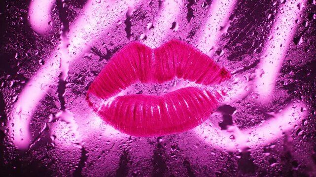 Romantic kiss mark on steamy glass with neon light, perfect for Valentine's Day or a passionate love story in a vibrant, modern style