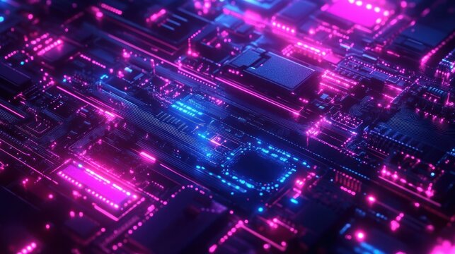 Close-up of an illuminated electronic circuit board with glowing blue and pink lights depicting technological complexity and futuristic design