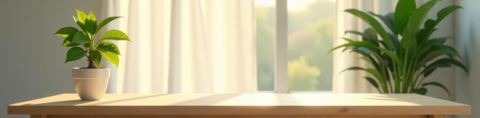Empty desk, thriving plant, sunlit office Minimalist workspace , airy, sunlight