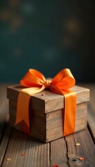 Elegant orange ribbon adorns a rustic wood craft box , wood grain, wood, surprise