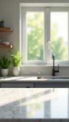 Empty marble desk, blurred kitchen window background, minimalist, desk