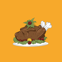 Vector illustration of a delicious roasted chicken or turkey served on a white plate with fresh lettuce, lemon slice, and cranberry garnish. Perfect for Thanksgiving, Christmas dinner, restaurant menu