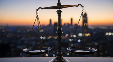 Justice scales silhouette against a city skyline at sunset