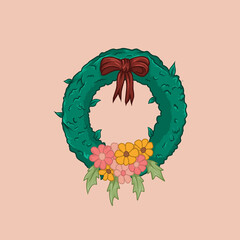 Beautiful floral wreath vector illustration featuring a green leafy garland decorated with a red ribbon bow and colorful spring flowers. Perfect for invitations, greeting cards, wedding designs, seaso