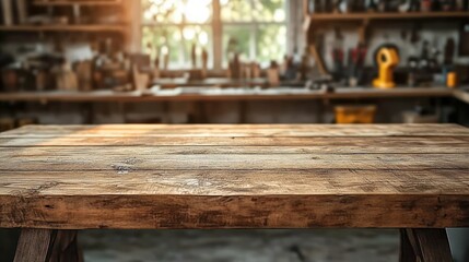 Rustic wooden table surface in a sunlit workshop with blurred tools and equipment in the background evoking a warm and productive atmosphere
