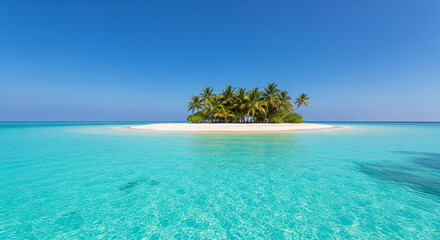 Idyllic tropical island with palm trees and white sand beach surrounded by crystal clear turquoise water under a bright blue sky on a sunny day