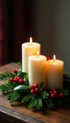 Rustic wooden table, three candles, holly, berries, pine , pine, third advent