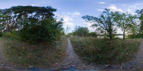 360 degree panorama of a river along a forested area and a country path. HDRI seamless spherical...