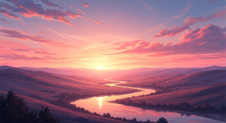 Anime style landscape of a river flowing through hills at sunset with pink and purple sky and clouds, creating a serene and beautiful scene