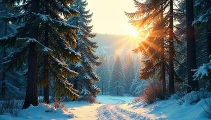 Magical Winter Forest Sunlight Dapples Through Towering Pine Trees, Creating a Serene and Peaceful Atmosphere, Perfect for Holiday and Nature Projects