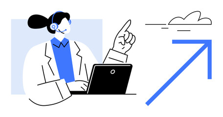Woman wearing headset at laptop points towards rising arrow and cloud symbol, representing innovation, success, teamwork, technology, communication, progress, remote work. Ideal for modern problem