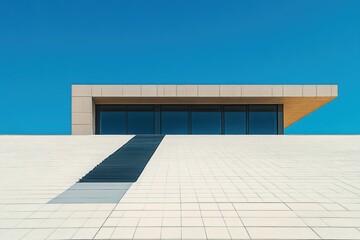 Fototapeta premium Minimalist modern building facade with beige tiled exterior, large glass windows, geometric shadows, and clear blue sky