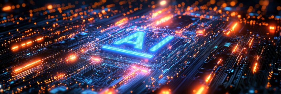 Close-up of futuristic circuit board with glowing blue AI letters and bright orange light trails on a dark background, symbolizing advanced technology and innovation