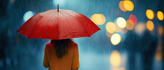 Person wearing an orange sweater holding a red umbrella standing in the rain with blurred city lights in the background