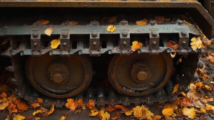 Close-up view of rusty tank tracks covered with scattered autumn leaves on the ground, evoking a sense of abandonment and seasonal change