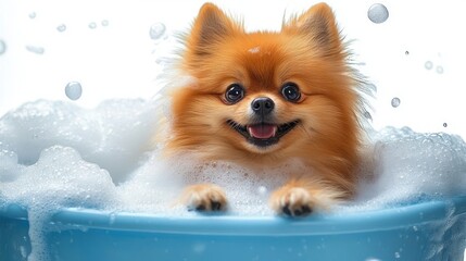 happy small brown dog enjoying a bubble bath in a blue tub with soap suds and water droplets around
