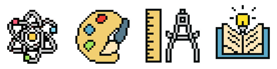 Set pixel school icon vector. Ideal for education, online learning, and academic themes. This digital graphic is perfect for applications and websites related to study and knowledge.	