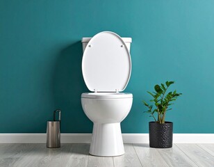 "Modern White Toilet in a Stylish Bathroom with Teal Wall and Plant Decor"

