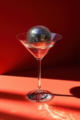 Clear martini glass filled with water containing a small mirrored disco ball against a vivid red background with dramatic shadows and reflections