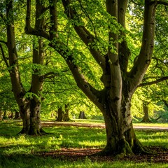 Lush forest scene with sunlight filtering through green leaves