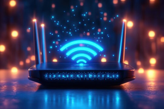 Black wireless router with glowing blue wifi signal icon and antennae illuminated by ambient orange and blue lights