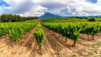 Lush green vineyard rows stretch to a mountain under a dramatic sky