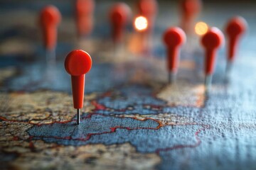 Close-up of a map with multiple red push pins marking different locations, highlighting travel planning and geographic focus