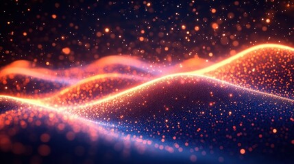 Abstract glowing waveforms of tiny orange and blue particles creating a vibrant flowing light pattern against a dark background