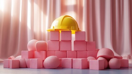Yellow construction helmet placed on top of a pyramid of pink foam cubes and spheres against a pink and white silky draped background
